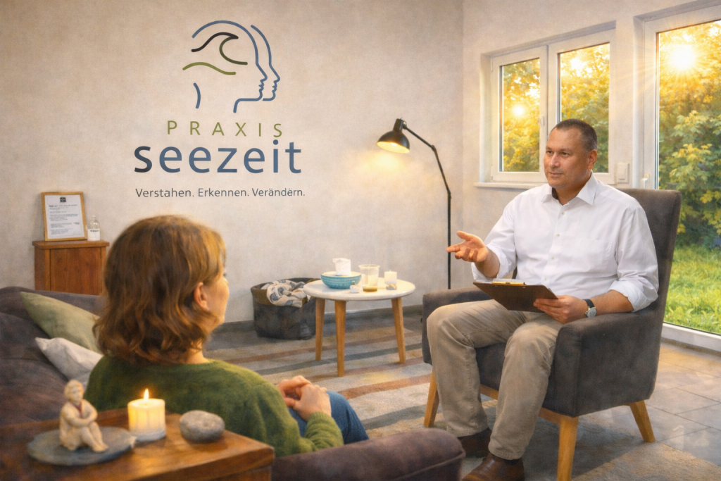 Traumatherapie: Erkenne und heile Dein Trauma 7 Traumatherapie in der Praxis Seezeit im Louisenhain2, 16348 Wandlitz, Therapeut und Patient:in sitzen sich gegenüber.